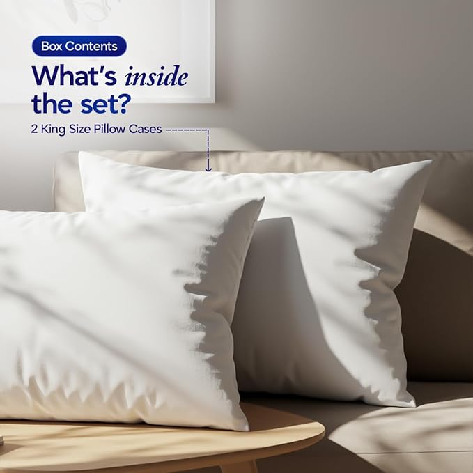 1000 TC Pillowcases Set of 4 100% Egyptian Cotton Pillow Cases with Long Staple Cotton & Sateen Weave, Silky Soft Hotel Like Bed Pillow Covers, Snug Fit (White, 2 Pc King)