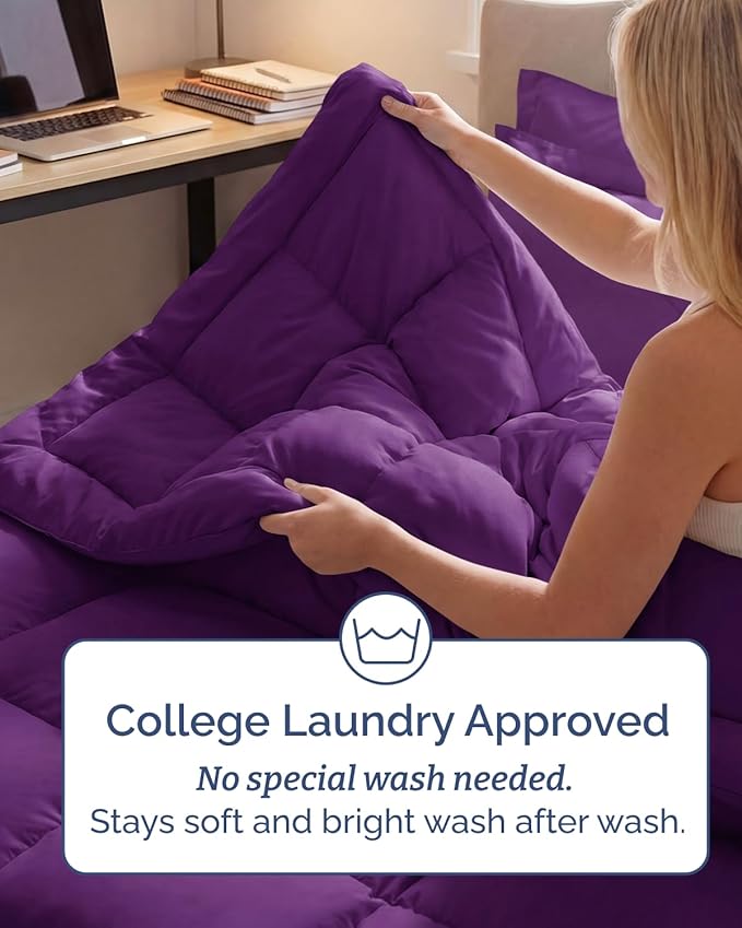 Twin XL Comforter Set - 5 Piece Bed in a Bag Twin XL Size Bed Set - Down Alternative Comforter, Flat Sheet, Fitted Sheet, Pillowcase & Sham for All Seasons - Ultra Soft, Comfy & Breathable - Purple