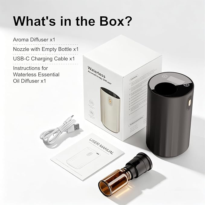 ASAKUKI Waterless Diffuser for Essential Oil, Home & Car Diffuser, with Adjustable Mist Levels and Timer, Mini Scent Air Machine, Ideal for Home, Car, Office and Travel