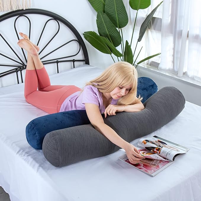 1 MIDDLE ONE Body Pillow for Adults, Bolster Pillow with Removable Velvet Cover, Long Round Cervical Roll Pillow, 35 x 7.87 Inches, Grey
