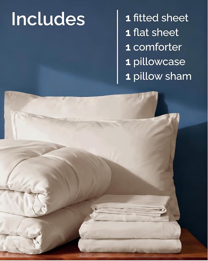 Twin Comforter Set - 5 Piece Bed in a Bag Twin Size Bed Set - Down Alternative Comforter, Flat Sheet, Fitted Sheet, Pillowcase & Sham for All Seasons - Ultra Soft, Cozy, Comfy and Breathable - Wheat