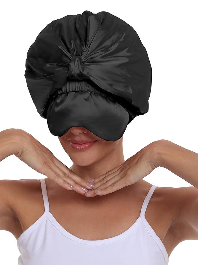Double Layer Satin Bonnet with Eye Mask Adjustable Silk Sleep Cap Turban Style Hair Wrap for Curly Hair Black