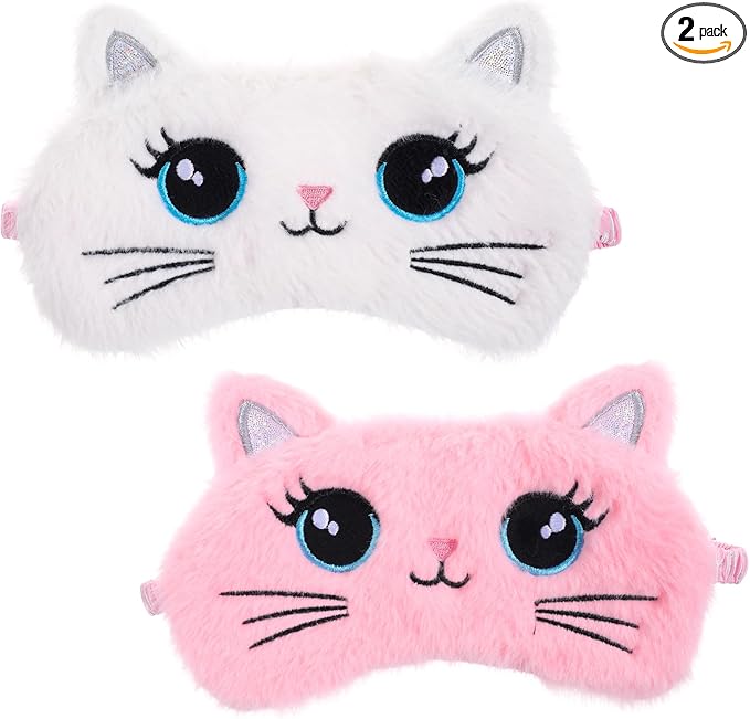 Kids Sleep Mask, 2 Pcs Cute Cat Sleeping Eye Mask Soft Plush Girls Sleep Masks Comfortable Funny Animal Night Eye Masks for Sleeping Blindfold Eye-Cover for Women Girls Home Travel (Pink, White)