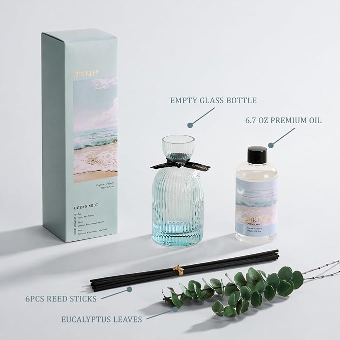 Airkeep Reed Diffuser Set 6.76 oz – Ocean Mist Home Fragrance with Eucalyptus Sticks – Decorative Glass Bottle for Bathroom, Bedroom & Living Room Décor – Gift Ready