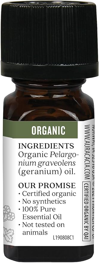 Aura Cacia 100% Pure Geranium Essential Oil | Certified Organic, GC/MS Tested for Purity | 7.4 ml (0.25 fl. oz.) | Pelargonium graveolens