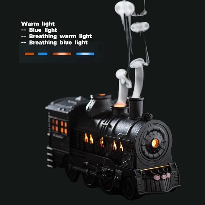 300ML Vintage Train Diffuser & Cool Mist Humidifier with Steam Effect, Remote Control, Dual Modes & Warm Blue LED Light (Gold, Without remote control)