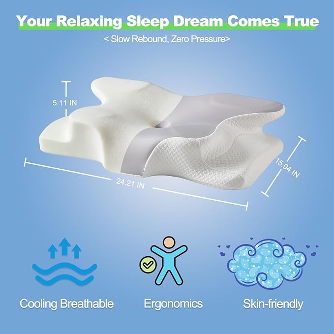 Ergo Cervical Neck Pillow – Ergonomic Neck Pain Relief Pillow for Deep Sleep, Contour Memory Foam Support, Odorless, Cooling Breathable Pillowcase, Ideal for Side Back Stomach Sleepers (Grey)
