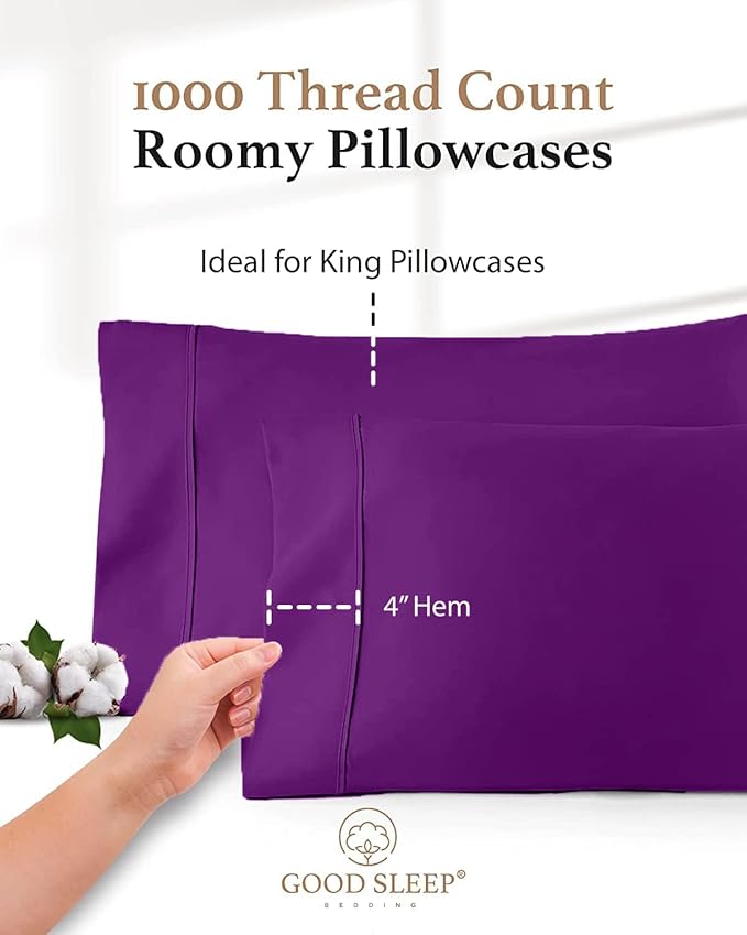 1000 TC Purple King Pillowcases Set of 2 100% Egyptian Cotton Pillow Cases with Long Staple Cotton & Sateen Weave, Silky Soft Hotel - Like Bed Pillow Covers for Comfy Sleeping, Snug Fit