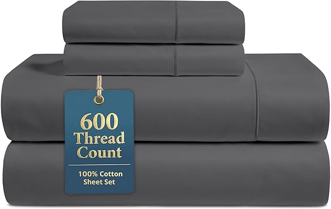 LANE LINEN Queen Size Bed Sheets Set – 600 Thread Count 100% Natural Cotton Cooling Sheets, Hotel Luxury Soft Sateen Finish, Snug Fit 15" Deep Pocket Elasticized Fitted Sheet – Charcoal