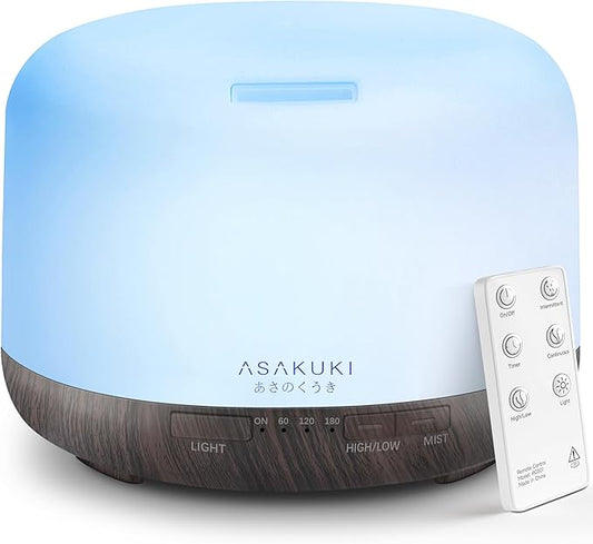 ASAKUKI Essential Oil Diffuser for Home, 500ML Aromatherapy Diffuser Humidifier with Remote Control, 7 Color LED Lights, Quiet Cool Mist Diffuser for Bedroom, Office, Gift for Mom (Dark Brown)