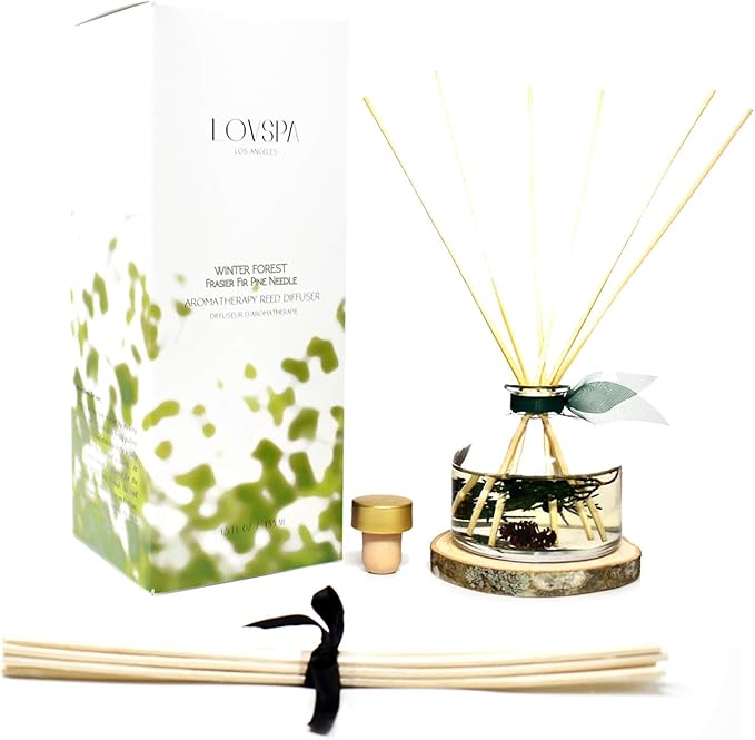 Reed Diffuser Set, Winter Forest Pine Scented Oil Diffuser with Sticks and Wooden Coaster, Bathroom Shelf Decor Made with Real Botanicals, USA Made