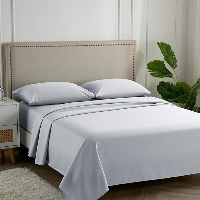 Carressa Linen 100% Egyptian Cotton Queen Sheet Set - 600 Series Hydrangeas Collection Egyptian Cotton Queen Sheets Set (4 PC, Silver), 16" Deep Pocket Sateen Weave Luxury Hotel Bed Sheet