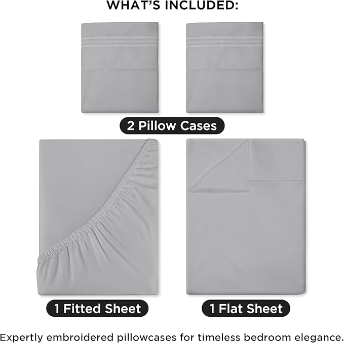 ROYALE LINENS 4 Piece Cal King Sheets Set - Soft Brushed 1800 Microfiber Bedding - 1 Fitted, 1 Flat Sheet, 2 Pillow Cases - Wrinkle Free & Fade Resistant - Hotel Luxury Bed Sheets (Silver, Cal King)