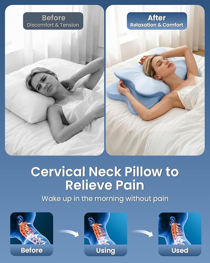 Cervical Pillow for Neck Pain Relief, 4-Height Adjustable Oeko-TEX Memory Foam Contour Pillow for Sleeping, Ergonomic Orthopedic Cooling Neck Pillow for Side Back Stomach Sleepers, Arm Support