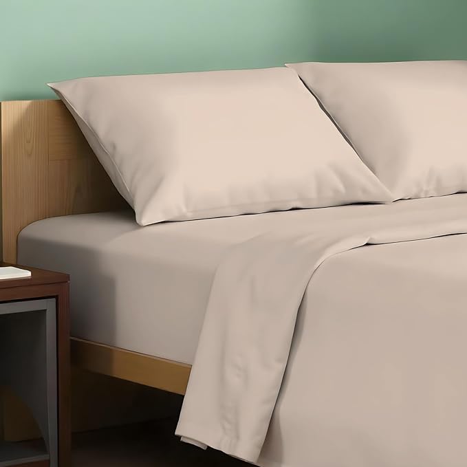 TEXAS LINEN CO. 100% Organic Cotton Sheets California King Size - 4 PC Organic Cotton Cal King Size Percale Weave Sheet Set, Soft, Cooling & Crisp, 16" Deep Pocket Hotel Quality Bedding Set - Taupe