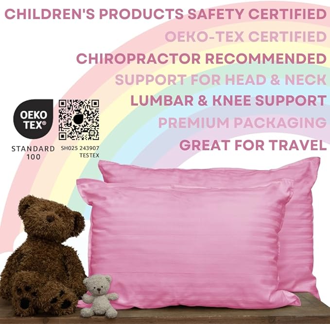 kinder Fluff Pre-Teen Pillow 2X–Certified Hypoallergenic Award Winning Youth Pillow (no Pillowcase Needed) 300TC Pure Cotton Shell and Down Alternative Fill. Toddler Bedding Kids Pillow 12+ Pink