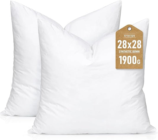 Artscope Synthetic Down Pillow Insert, 28x28 Down Alternative Throw Pillow Insert. Ultra Soft Fluffy Sleeping Pillow with 100% Cotton Cover, Decorative Pillows Set of 2-White.