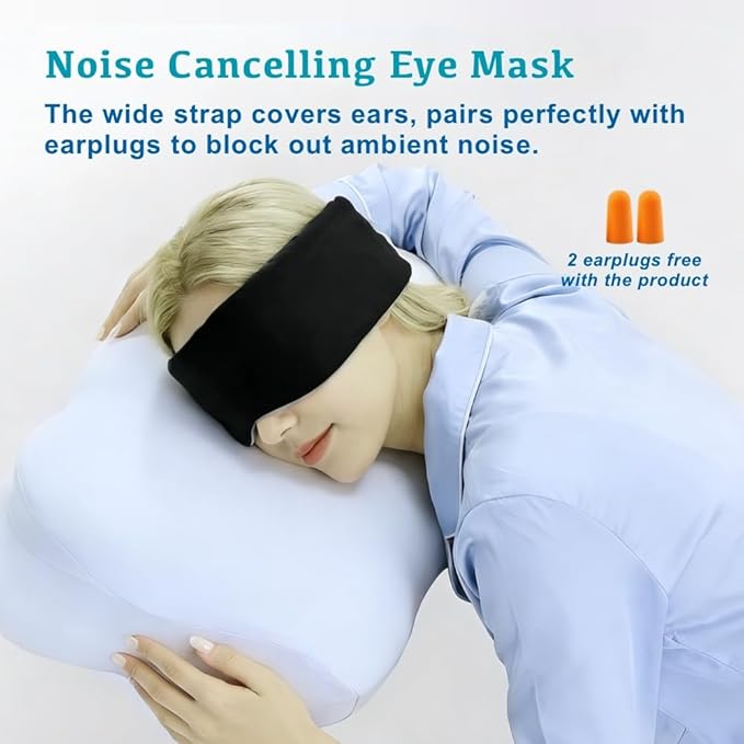 Silent Fastener Wide Sleep Mask with Ear Cover, Dual-Sided Cozy and Silky Eye Mask for Sleep, No Strap Satin Sleeping Eye Mask for Long Hair, Comfortable Eye Mask for Travel