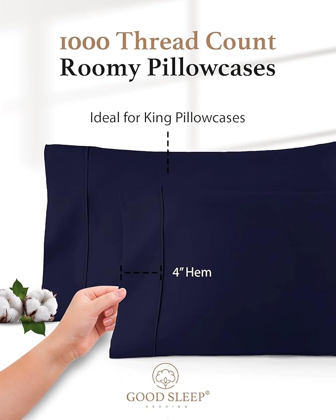 1000 TC Navy Blue King Pillowcases Set of 2 100% Egyptian Cotton Pillow Cases with Long Staple Cotton & Sateen Weave, Silky Soft Hotel - Like Bed Pillow Covers for Comfy Sleeping, Snug Fit