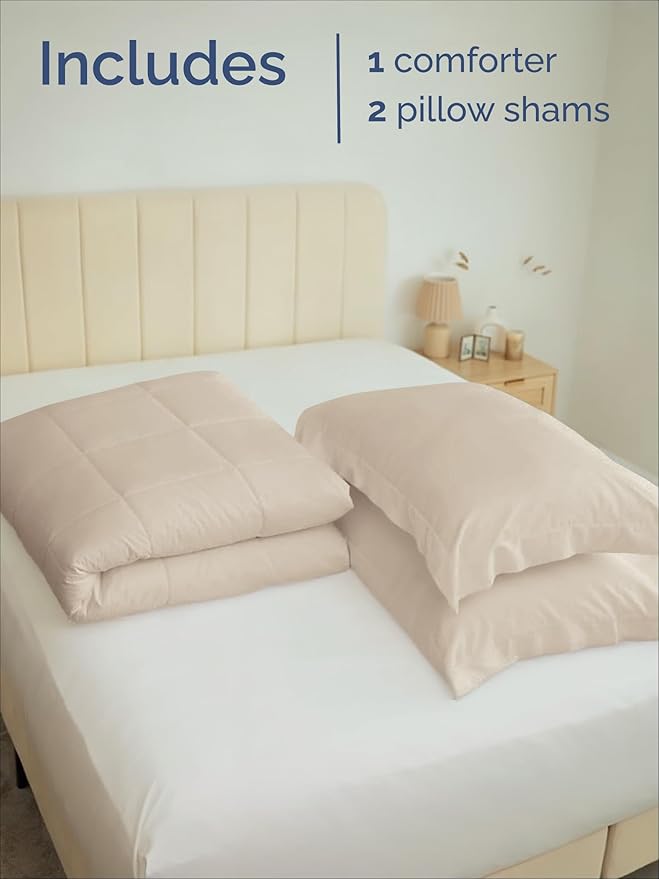 Queen Comforter Set - 3 Piece Bed Set for All Seasons - 1 Soft Quilted Comforter w/ Corner Tabs & 2 Pillow Shams - Comfy, Cozy & Breathable - Premium Down Duvet Insert - Oeko-TEX - Queen Size, Wheat