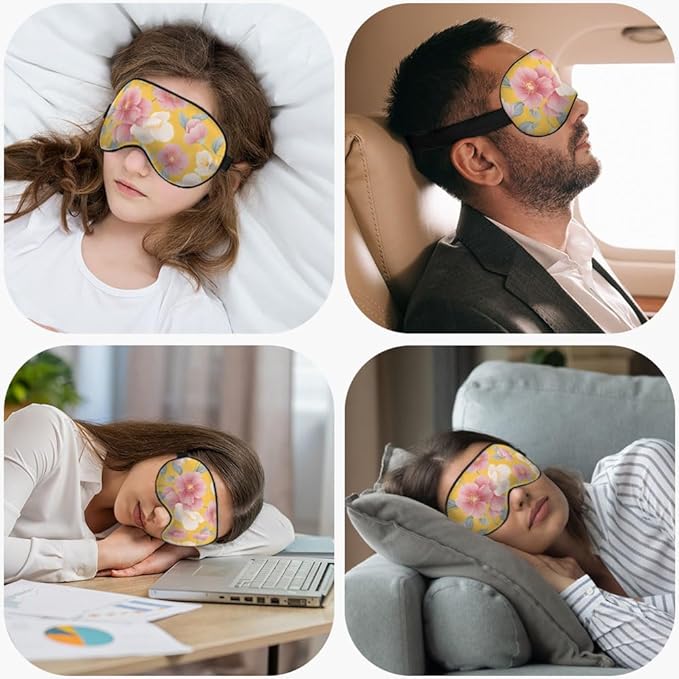 Floral Sleep Eye Mask Japanese Papaya Flowers Yellow Retro Theme Silk Eye Mask Sleeping Soft Eye Shade Cover for Men Women Boy Girl Airplane Travel with Elastic Strap