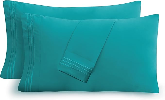 Mocassi 2-Piece Premium King Pillowcase Set 1800 Series Hotel Quality Microfiber - Soft and Breathable with 3-Line Embroidery Wrinkle and Stain Resistant, Easy Care, 20" x 40", Teal