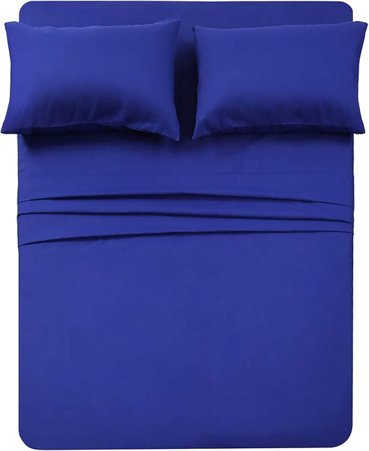 4 Piece Bed Sheet Set (Queen,Royal Blue) 1 Flat Sheet,1 Fitted Sheet and 2 Pillow Cases,Brushed Microfiber Luxury Bedding with Deep Pockets