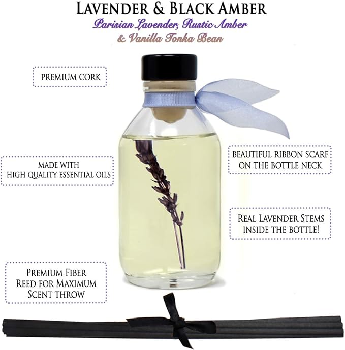 Reed Diffuser Set, Lavender & Black Amber Scented Oil Diffuser with Sticks, Home Fragrance Accessories for Bathroom Shelf Decor, Aroma Diffusers for Home or Office Desk, USA Made