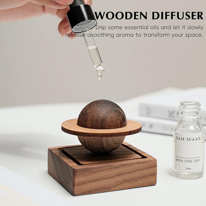 Planet Wooden Essential Oil Diffuser - Walnut Aroma Therapy for Home, Office, Car, Yoga Hall and SPA - Passive Diffuser for Desk Table Decor