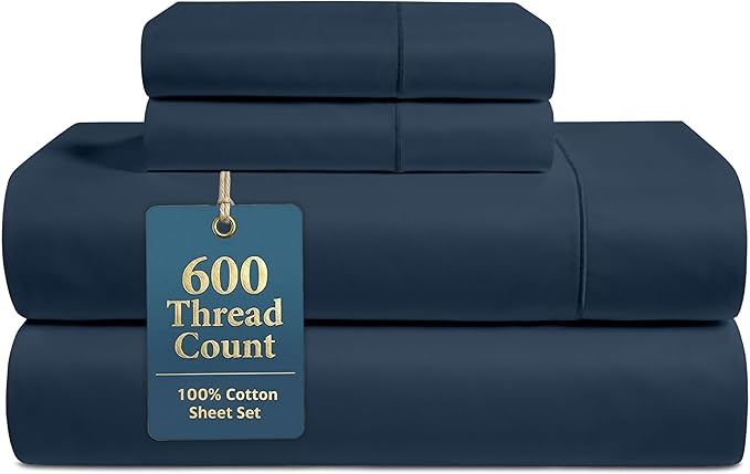LANE LINEN California King Sheets Set - 600 Thread Count Premium Sateen Weave - Extra Soft & Breathable 100% Cotton Sheets for Master Bedrooms - 15'' Deep Pocket for Snug Fit to Your Mattress - Denim
