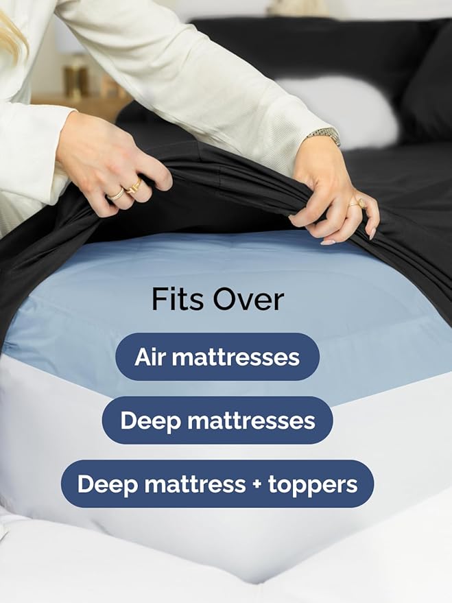 Extra Deep Split King Sheet Set - 5 Piece Breathable & Cooling Bed Sheets - Easily Fits 18 to 24 inch Mattress - Ultra Soft, Wrinkle & Fade Free w/ Extra Deep Pockets - Hotel Luxury Bedding - Black