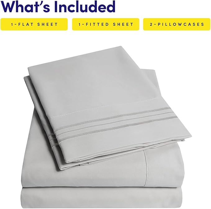 1500 Supreme Collection Full Sheet Sets Light Gray Silver - Luxury Hotel Bed Sheets and Pillowcase Set for Full Mattress - Extra Soft, Elastic Corner Straps, Deep Pocket Sheets, Full Silver