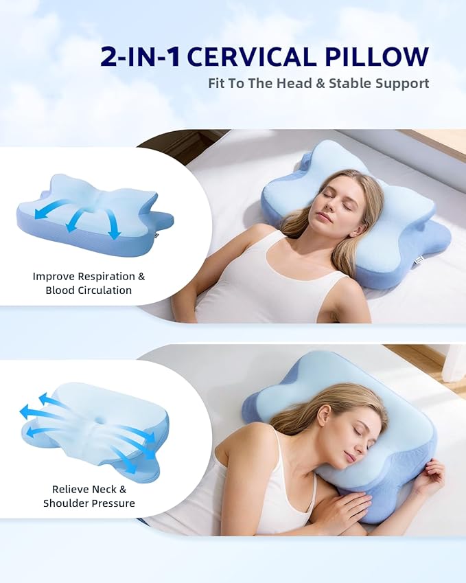 Cervical Neck Pillow for Sleeping, Ergonomic Contour Memory Foam Pillow for Neck Pain Relief, Neck Pillow for Back, Side Sleeper Pillows, Cooling Neck Support Pillow with Pillowcase