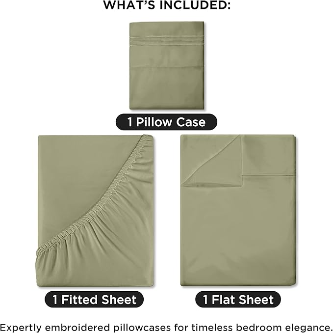 ROYALE LINENS 3 Piece Twin Sheets Set - Soft Brushed 1800 Microfiber Bedding - 1 Fitted and 1 Flat Sheet, 1 Pillow case - Wrinkle Free & Fade Resistant - Hotel Luxury Bed Sheets (Sage Green, Twin)