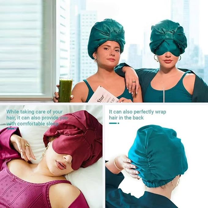 2-in-1 Satin Sleep Bonnet with Eye Mask for Women –Silk-Lined Hair Bonnet for Sleeping, Adjustable, Anti-Frizz for Curly Hair
