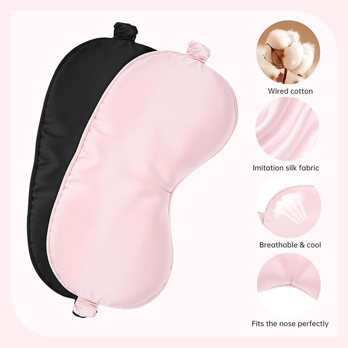 Jeffdad Sleep Mask, 2 Pack Silk Cover Eye Contour Zero Pressure Blindfold with Adjustable Eye Sleep Shade Covers, for Night Sleeping, Travel, Nap（Black, Pink）