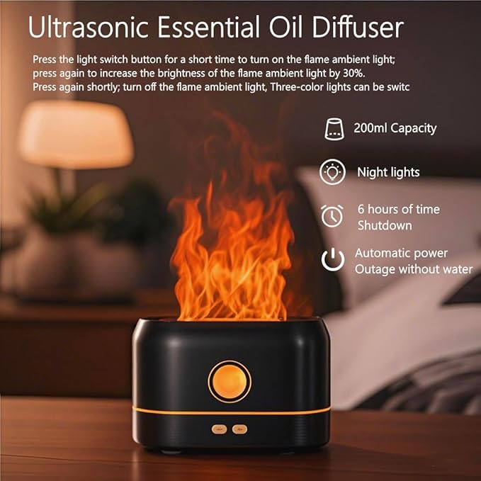 Ultrasonic Essential Oil Diffuser with Flame Effect, 200ml, Sleep Aid Humidifier, Auto Shut-Off, Night Light, Black