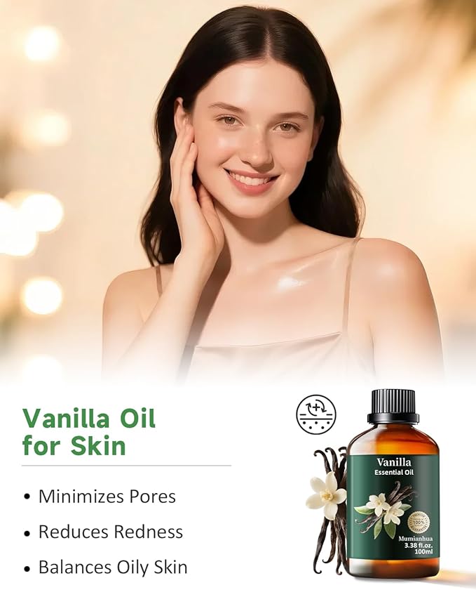 Vanilla Essential Oil, Pure Vanilla Oil Mumianhua Natural Vanilla Bean Oil for Diffuser, Aromatherapy, Skin, Perfume,Candle, Soap Making,DIY 3.38 Fl Oz