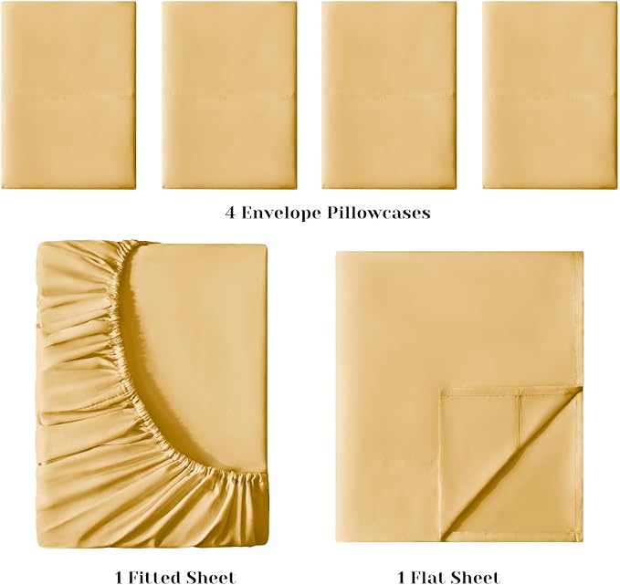 BYSURE 6 Pieces Bed Sheets Set(King, Gold) - Hotel Luxury Super Soft 1800 Thread Count 100% Microfiber Sheets with Deep Pockets, Wrinkle & Fade Resistant