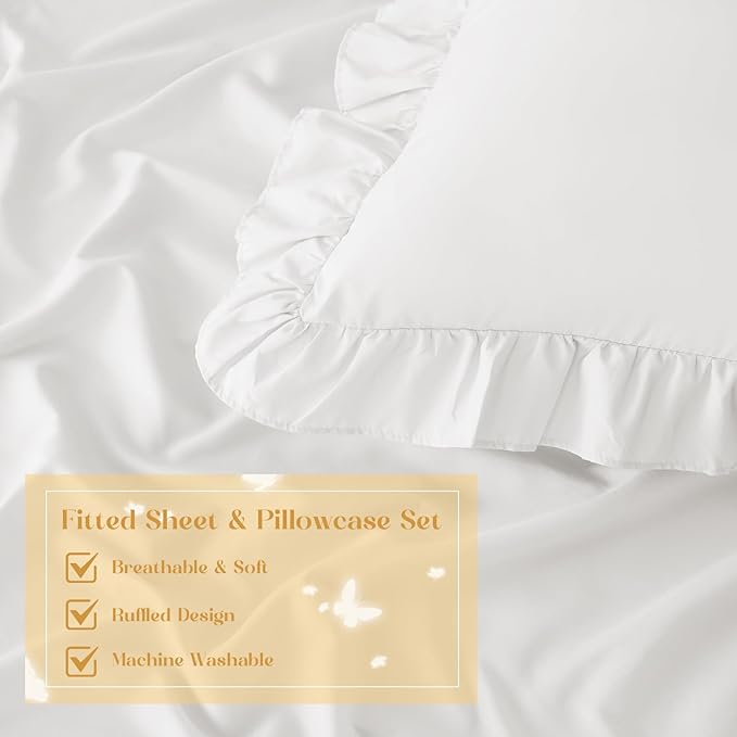 Homiest 3-Pieces Ruffle Pillow Case & Fitted Sheet Set, White King Sheets with 2 Ruffled Pillow Shams, 15 Inch Deep Pocket, Cute & Coquette Microfiber Bed Set for Decorating Bedroom Hotel