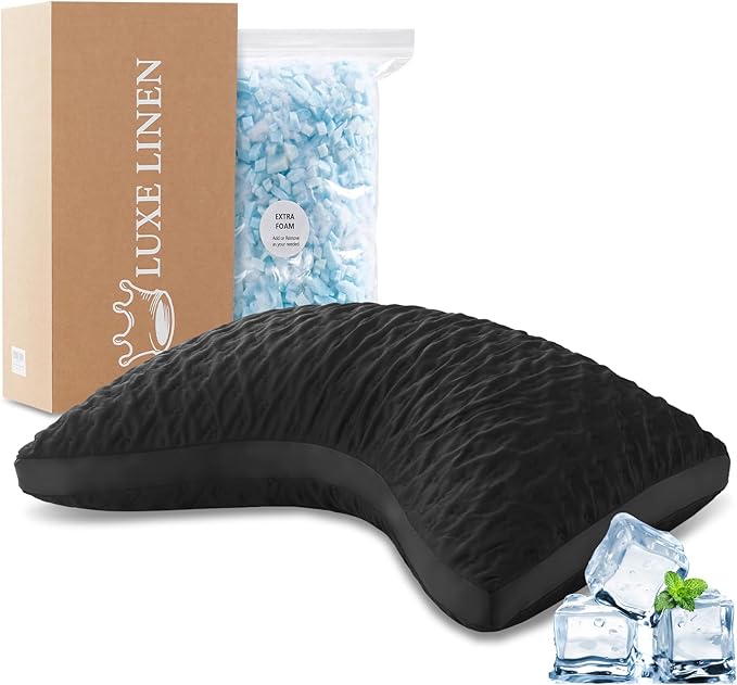 Cooling Side Sleeper Pillow for Neck and Shoulder Pain, Luxury Shredded Memory Foam Curved Gusseted Bed Pillows for Sleeping Adjustable Queen Size - Washable Cover Crescent Black