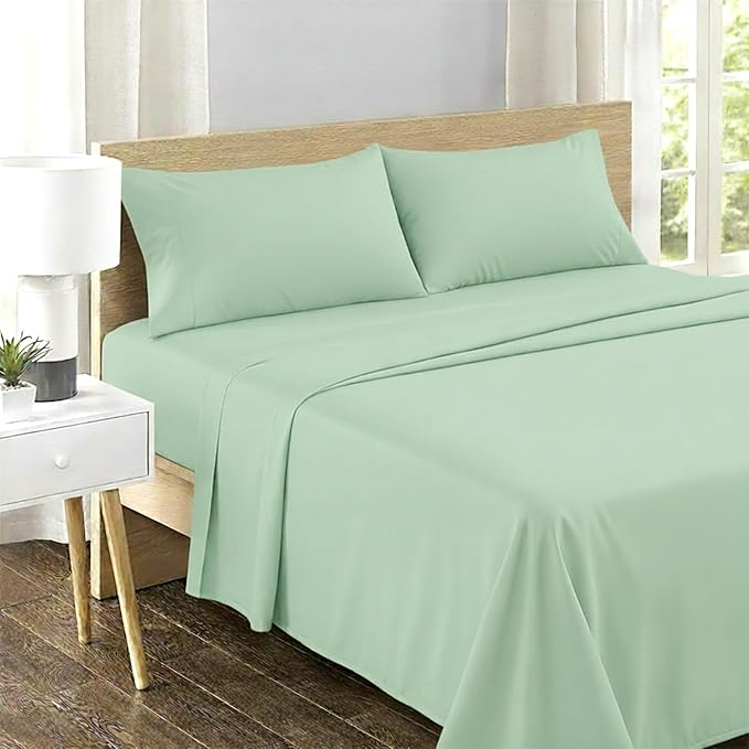 Feather & Stitch 500 TC Twin Size 3pc Damask Bed Sheet Set, 100% Soft Cotton Breathable Bedsheets, 18" Deep Pockets Sateen Weave Striped Bedding Mattress Resort Hotel Luxury Decor - (Soft Sage)