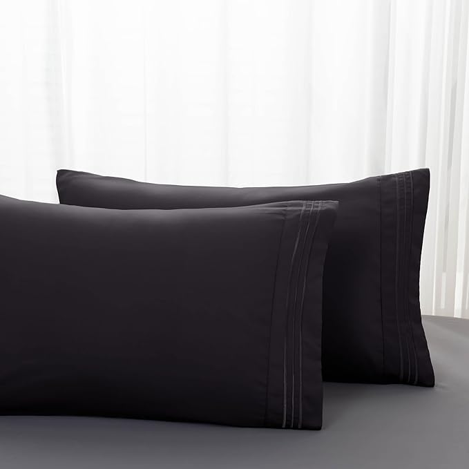 Mocassi 2-Piece Premium King Pillowcase Set 1800 Series Hotel Quality Microfiber - Soft and Breathable with 3-Line Embroidery Wrinkle and Stain Resistant, Easy Care, 20" x 40", Black