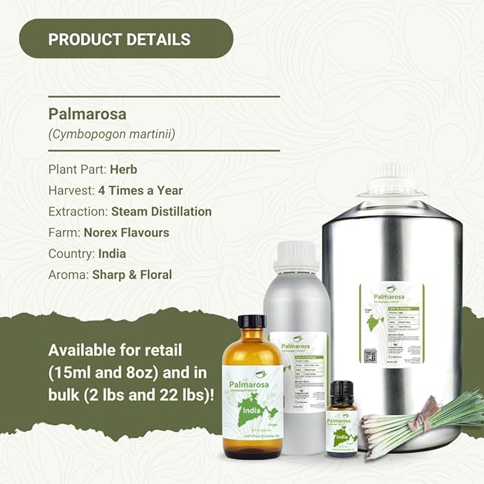 Palmarosa Essential Oil Direct from Norex Flavours India for Skin and Aromatherapy - Aceite de Palmarosa for Candle Scent for Candlemaking and Soaps (8oz)