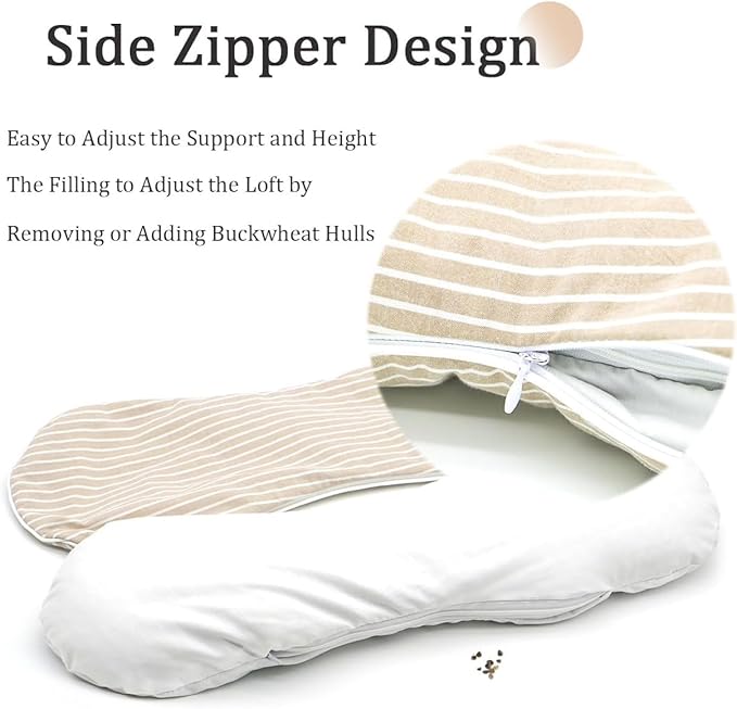 Firm Buckwheat Neck Pillow, Adjustable Height, Cervical Back Support for Neck Pain Relief, Cool Stripe Bone Shape Pillow for Recliner Sleeping, Khaki 19"X7"