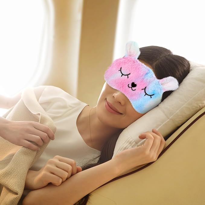 2 Pcs Plush Eye Mask Soft Sleeping Blindfold Eye Cover Comfortable Cute Animal Sleeping Mask Satin Nap Night Eyeshade Cover for Women Men Gift (Multicolor, Cat&Rabbit Style)