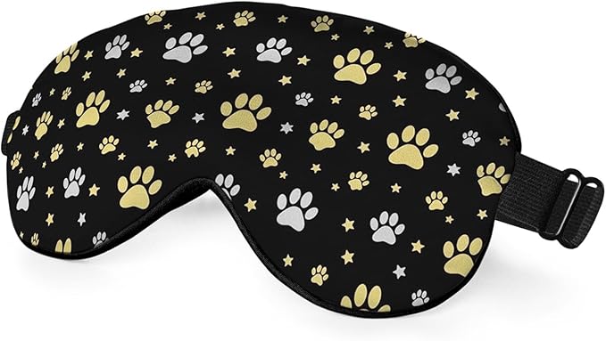 Dog Paw Sleep Eye Mask Eye Cover Gold Animal Paw Print Star Black Silk Eye Mask for Sleeping with Adjustable Strap for Travel Nap Shift Work Office
