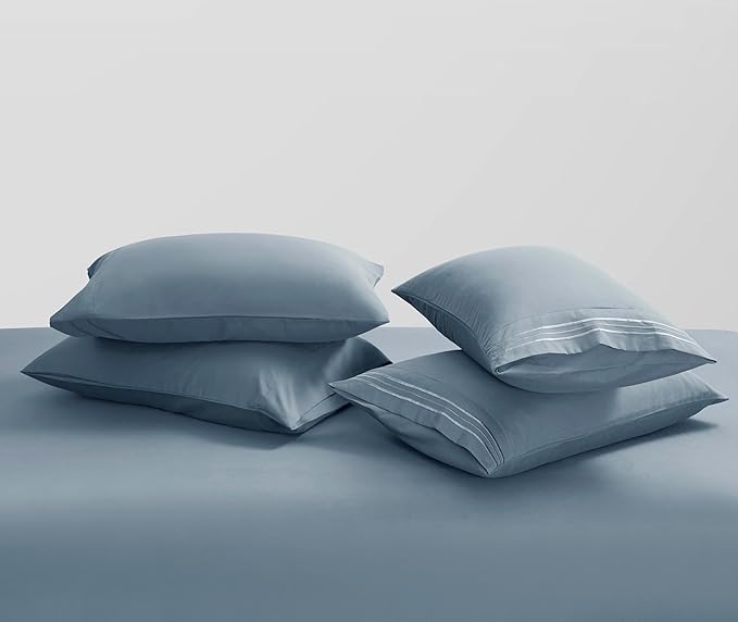 Clara Clark Flex Top King Sheets - Hotel Luxury 6 Piece Bed Sheets for Top Split King Bed - Soft Bedding Sheets & Pillowcases, Head Split King Size. Stone Blue