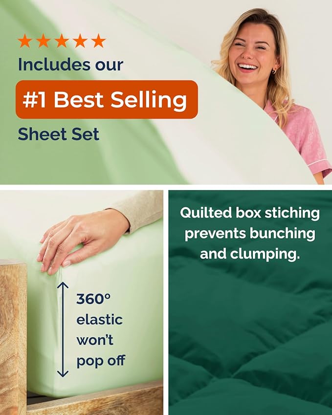Twin XL Comforter Set - 5 Piece Bed in a Bag Twin XL Size Bed Set - Down Alternative Comforter, Flat Sheet, Fitted Sheet, Pillowcase & Sham for All Seasons - Soft and Breathable - Light Sage/Emerald