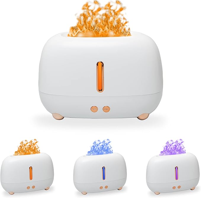Cute Multicolored Flame Diffuser Humidifier,Essential Oil Aroma Therapy Diffuser with Waterless Auto-Off Protection,Fire Air Diffuser for Home Office Bedroom (White)